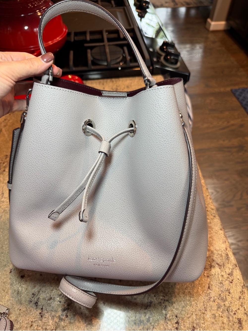 kate spade New York Pebbled Leather Drawstring Bucket Bag - Light Gray